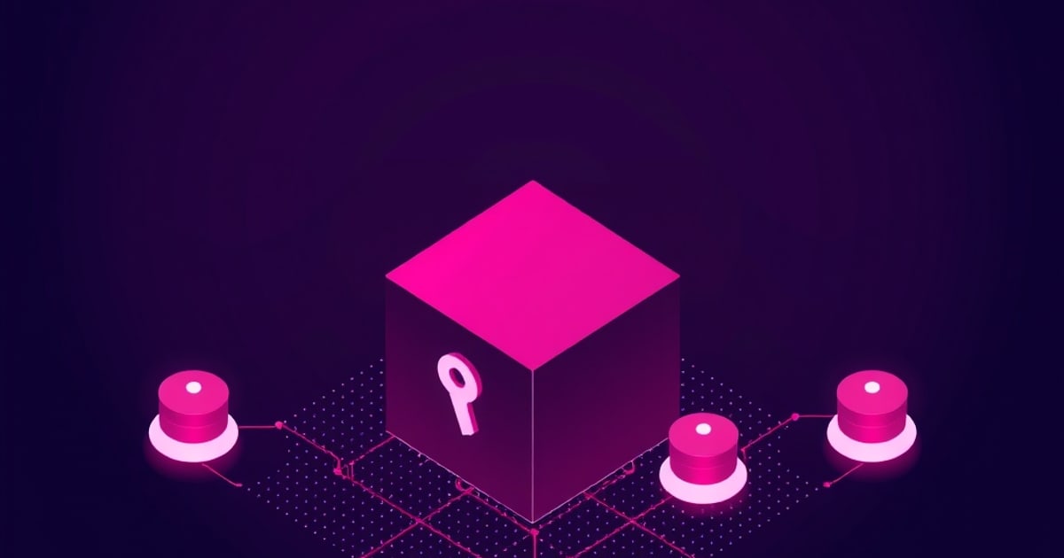 Isometric magenta cube with a pink keyhole symbol, connected across a dotted grid to three glowing pink cylinders on a dark purple background.