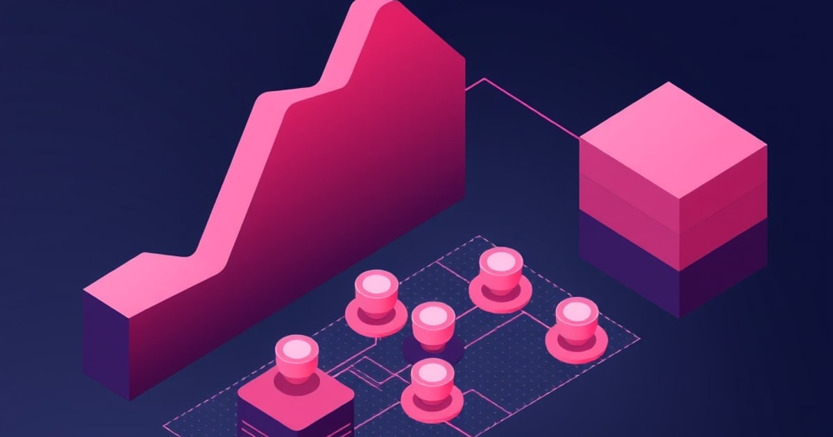 Isometric pink stepped area chart beside a layered pink and purple cube, with six glowing pink knobs linked on a dotted grid against dark blue.